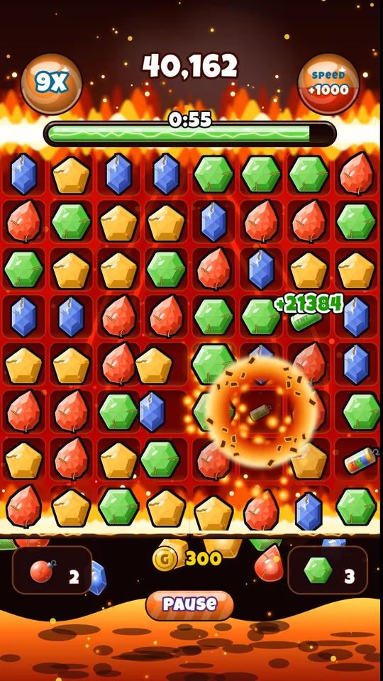 Blazing Speed in the Volcano theme, with a bomb going off